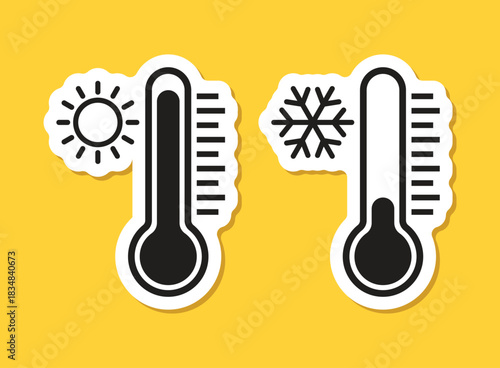 Thermometer sticker icon in flat style. Climate control vector illustration on isolated background. Weather change sign business concept.