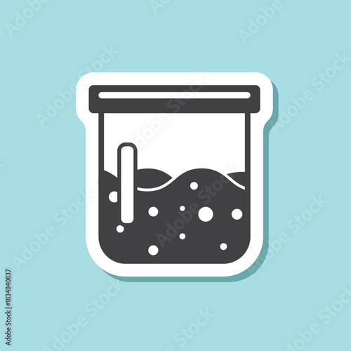 Science lab bottle sticker icon in flat style. Laboratory glassware equipment vector illustration on isolated background. Test tube sign business concept.