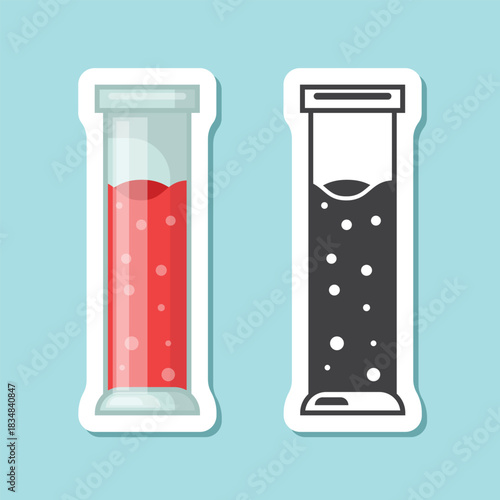 Science lab bottle sticker icon in flat style. Laboratory glassware equipment vector illustration on isolated background. Test tube sign business concept.