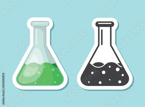 Science lab bottle sticker icon in flat style. Laboratory glassware equipment vector illustration on isolated background. Test tube sign business concept.