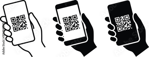 Hand Holding Smartphone with QR Code on Screen, Mobile Payment and Digital Scanning Technology, Quick Response Code for Cashless Transaction, Outline and Solid Black Graphic, Flat Vector Illustration,