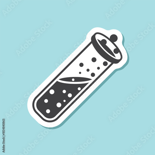 Science lab bottle sticker icon in flat style. Laboratory glassware equipment vector illustration on isolated background. Test tube sign business concept.