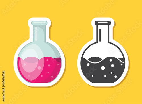 Science lab bottle sticker icon in flat style. Laboratory glassware equipment vector illustration on isolated background. Test tube sign business concept.