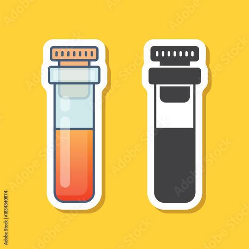 Science lab bottle sticker icon in flat style. Laboratory glassware equipment vector illustration on isolated background. Test tube sign business concept.