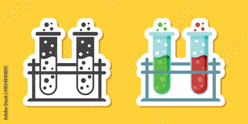 Science lab bottle sticker icon in flat style. Laboratory glassware equipment vector illustration on isolated background. Test tube sign business concept.