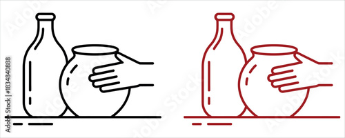 Crafting pottery, a hand gently shapes clay in a studio art class, displaying the skill of pottery making, line art with red and black colors.