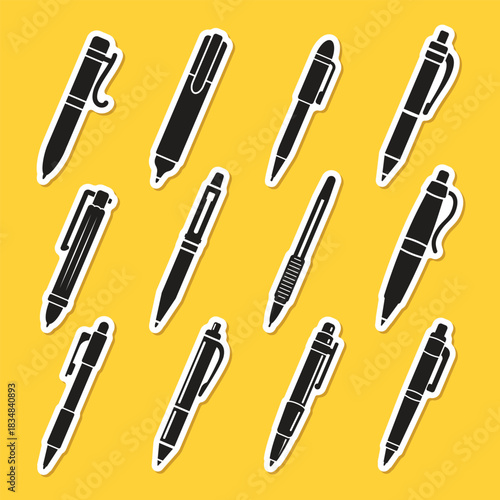 Ballpoint pen stickers icon set collection in flat style. Office tool vector illustration on isolated background. School equipment sign business concept.