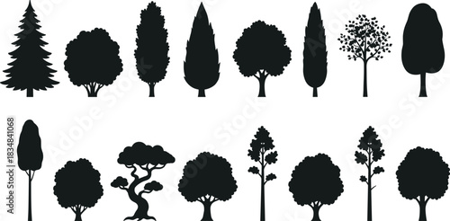 “Collection of diverse tree silhouettes including pine, cypress, ornamental, bonsai, and deciduous varieties for landscape design, nature graphics, botanical vector illustration.”