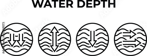 Black and White Water Depth Measurement Icons Set, Down Arrows, Up and Down Arrows, Water Flow, and Movement for Scuba Diving, Ocean, and Pressure Gauges, Flat Vector Illustration,