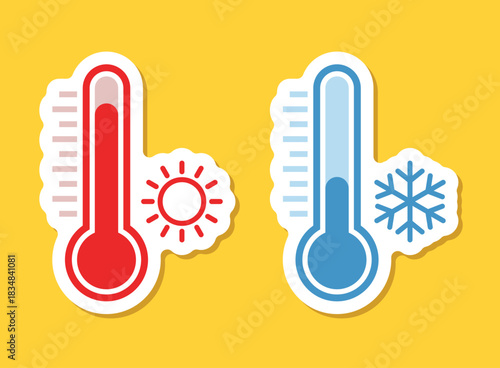 Thermometer sticker icon in flat style. Climate control vector illustration on isolated background. Weather change sign business concept.
