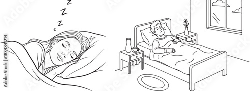 Black and White Line Art Illustration of People Sleeping in Beds