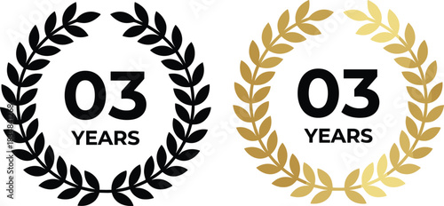 Three Years Anniversary Laurel Wreath Badge, Achievement Celebration Icon, 03 Years Logo Design in Black and Gold, Business Milestones and Award Recognition, Flat Vector Illustration,