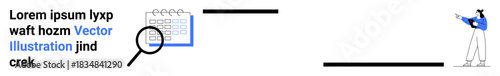 Magnifying glass highlights a calendar, while a person gestures thoughtfully. Ideal for research, planning, scheduling, focus, inspection, exploration, simple landing page