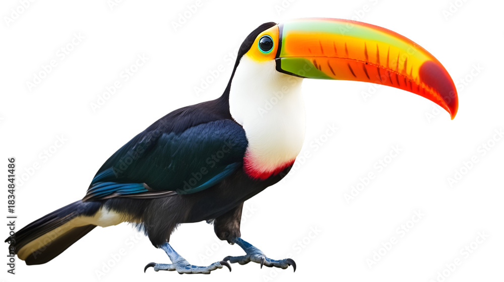 Obraz premium A colorful toucan bird with a large beak standing against a stark black background in a studio shot