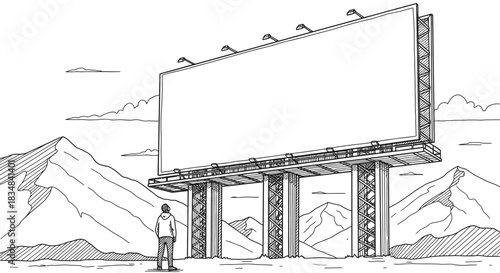 A lone individual stands mesmerized before an enormous, blank roadside billboard, towering over a rugged, hand-drawn mountain landscape, awaiting a powerful message.