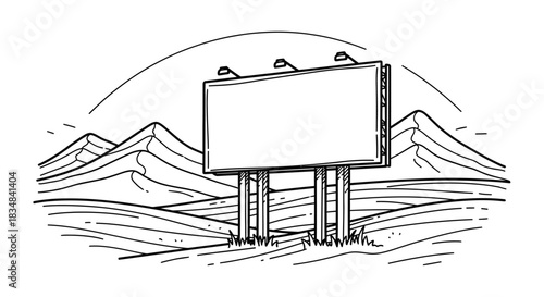 A minimalist hand-drawn illustration features a large, blank outdoor billboard standing tall within a serene mountainous landscape, awaiting custom content.