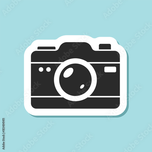 Photo camera sticker icon in flat style. Photography equipment vector illustration on isolated background. Professional photographic sign business concept.