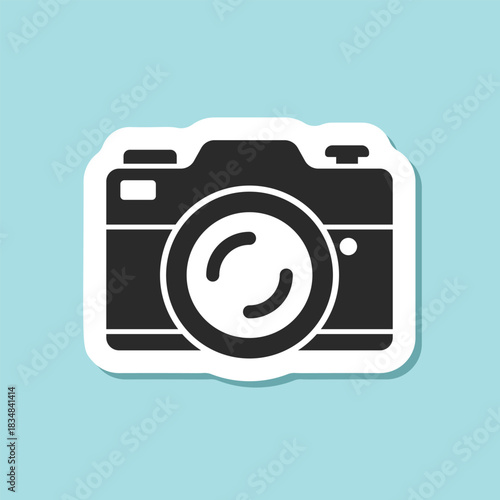 Photo camera sticker icon in flat style. Photography equipment vector illustration on isolated background. Professional photographic sign business concept.