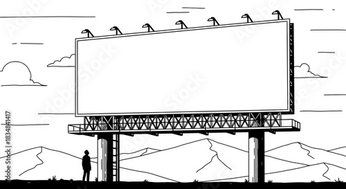 A lone figure stands dwarfed by a massive, blank outdoor advertising billboard, ready for custom messaging in a striking hand-drawn illustration style.