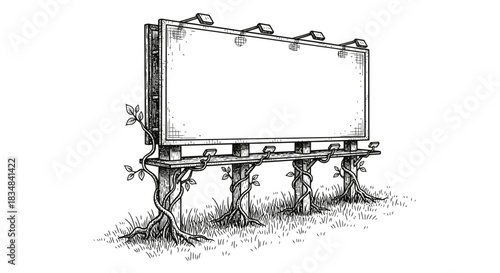 This distinctive hand-drawn illustration features a blank billboard sign, creatively supported by robust tree trunks and interwoven branches, symbolizing eco-friendly advertising.