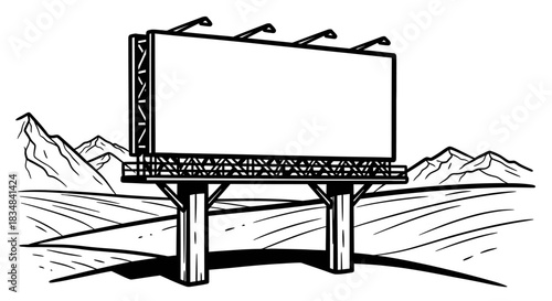 A stark black and white illustration depicts a large, empty roadside billboard, ready for custom advertising content in a vast, open landscape.