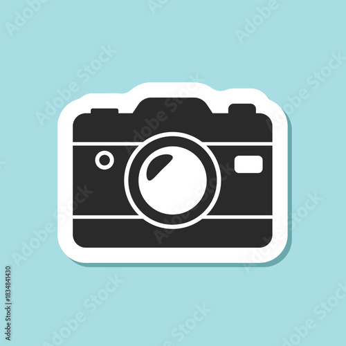 Photo camera sticker icon in flat style. Photography equipment vector illustration on isolated background. Professional photographic sign business concept.