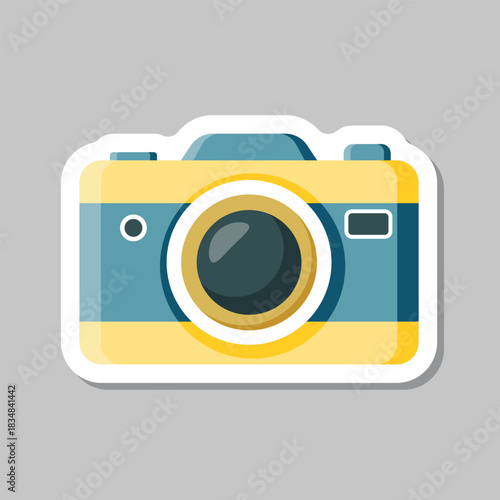 Photo camera sticker icon in flat style. Photography equipment vector illustration on isolated background. Professional photographic sign business concept.