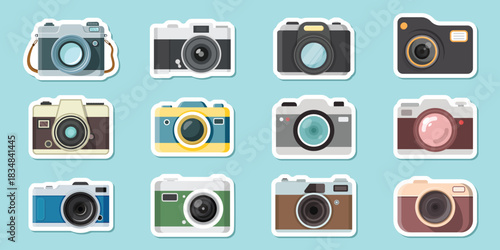 Photo camera sticker icon set in flat style. Photography equipment vector illustration on isolated background. Professional photographic sign business concept.