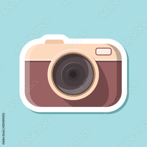 Photo camera sticker icon in flat style. Photography equipment vector illustration on isolated background. Professional photographic sign business concept.