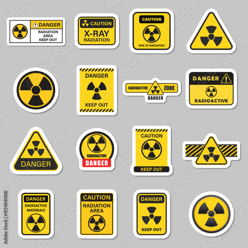 Radioactive material warning sticker icon set collection in flat style. Radiation danger vector illustration on isolated background. Caution sign business concept.