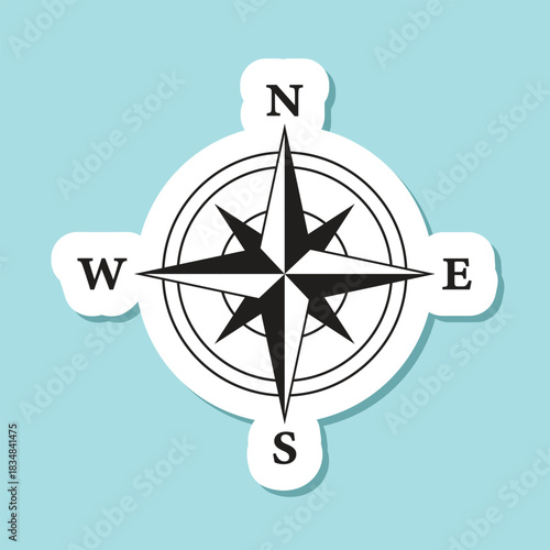 Compass sticker icon in flat style. Navigation equipment vector illustration on isolated background. Geographical position sign business concept.
