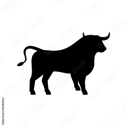 Silhouette image of a black bull with horns standing on white background