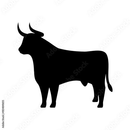 Black silhouette of a bull standing against a white background animal design