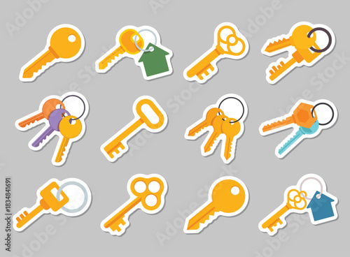 Key icon sticker set collection in flat style. Security vector illustration on isolated background. Door protection sign business concept.