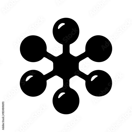 Black and white icon depicts a network of interconnected nodes or molecules