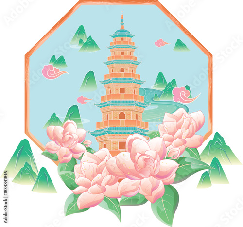 Modern Chinese Landscape Illustration with Pagoda and Flowers