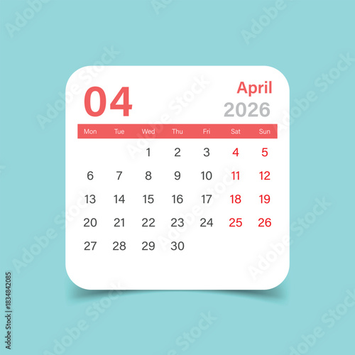 Calendar april 2026 icon in flat style. Planner vector illustration on isolated background. Calender sign business concept.