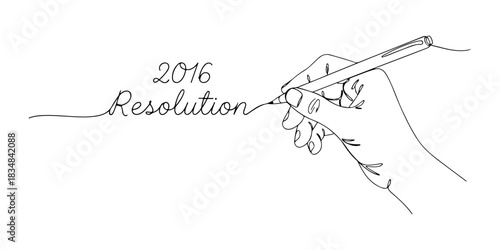 Continuous one line of a hand writing 2016 resolutions, celebration theme, hand drawn vector illustration.