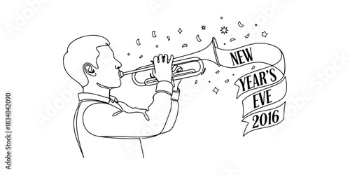Continuous one line of a person blowing a trumpet, celebrating new year's eve 2016, celebration theme, hand drawn vector illustration.