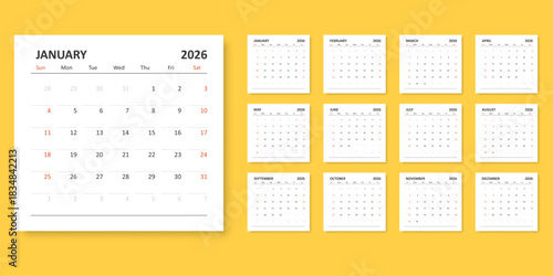 Calendar 2026 year icon in flat style. Planner vector illustration on isolated background. Calender sign business concept.