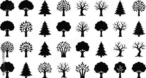 “Collection of various tree silhouettes including pine, leafy, and barren styles for nature illustration, forest design elements, botanical vector artwork set.”