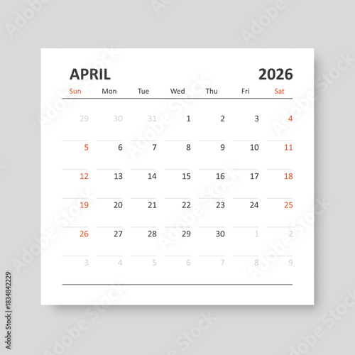 Calendar april 2026 icon in flat style. Planner vector illustration on isolated background. Calender sign business concept.