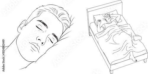Black and White Line Art of Men Sleeping Peacefully in Bed