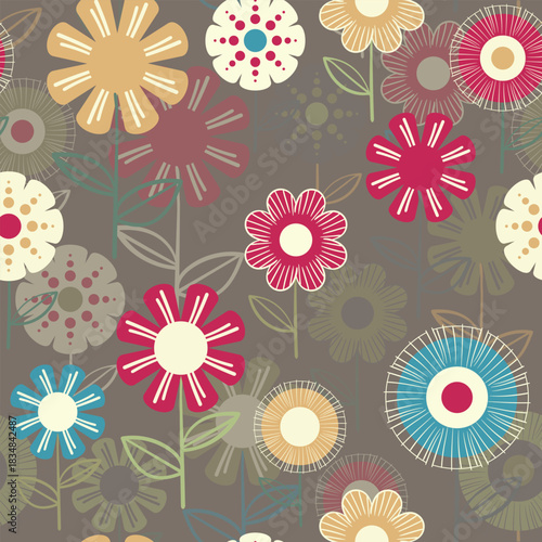 Seamless floral pattern based on traditional folk art ornaments. Colorful flowers on color background. Scandinavian style. Sweden nordic style. Vector illustration. Simple minimalistic pattern.