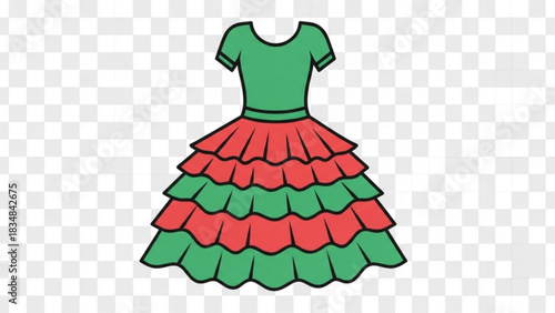 A vibrant green and red layered flamenco dress with short sleeves and a ruffled skirt perfect for festive celebrations and cultural events