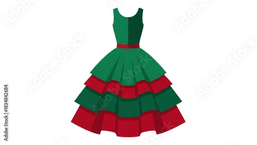 Stylized green and red tiered dress with a red sash perfect for festive occasions and holiday celebrations
