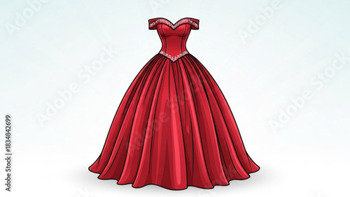 Elegant off the shoulder red ball gown with intricate beading on the bodice and waistline perfect for a formal event or fairytale fantasy