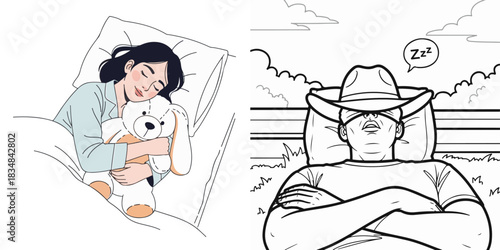 Vector Illustration of Woman Sleeping Indoors and Man Resting Outdoors