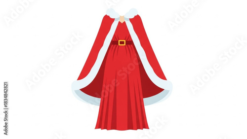 Elegant red christmas dress with a white fur trim cape and a gold buckle belt perfect for holiday celebrations and festive occasions