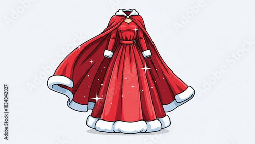 Elegant red christmas gown with a flowing cape and white fur trim adorned with sparkling stars perfect for holiday celebrations and winter fashion